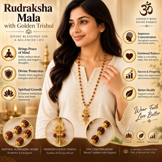 Gold Plated Panchmukhi Rudraksha Mala with Trishul Damroo Pendant