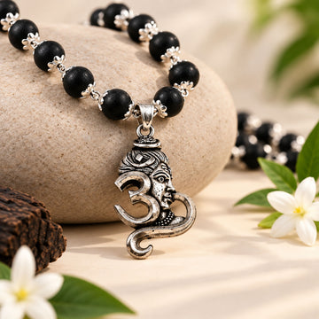 Silver Cap Karungali Mala with Shiva Om Pendant