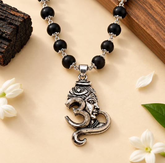 Silver Cap Karungali Mala with Shiva Om Pendant