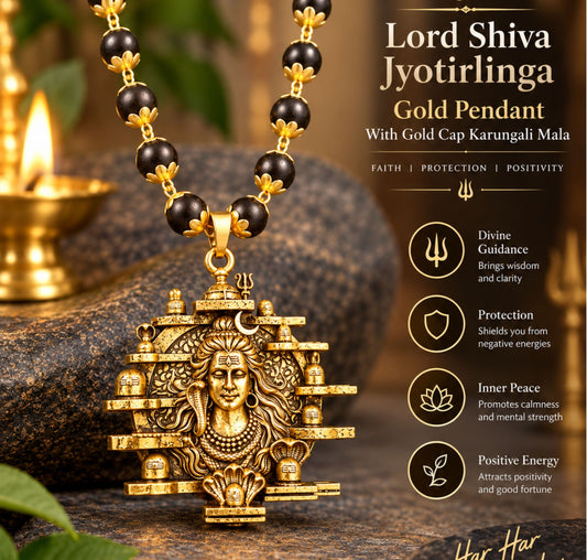 Gold Cap Shiva Jyotirlinga Pendant With Karungali Mala
