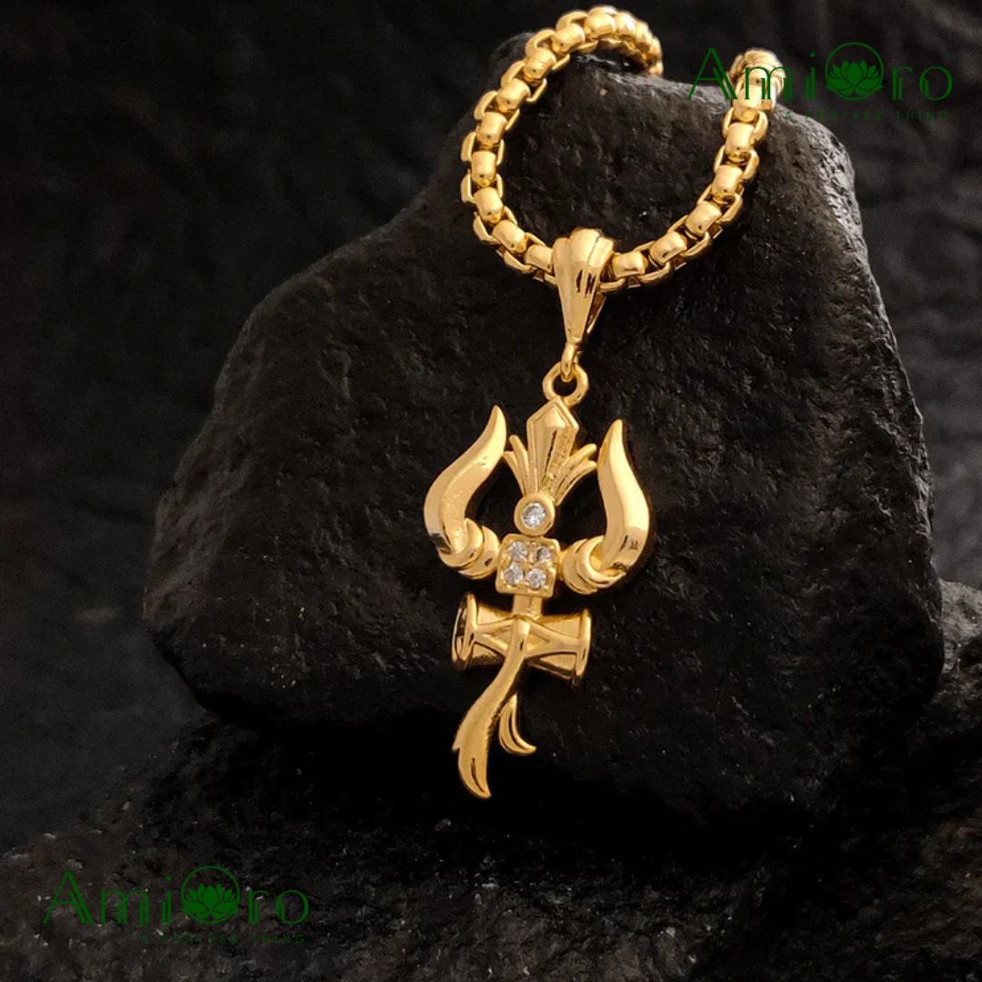 Trishul Om & Damru Pendant with Chain – Divine Symbol of Lord Shiva