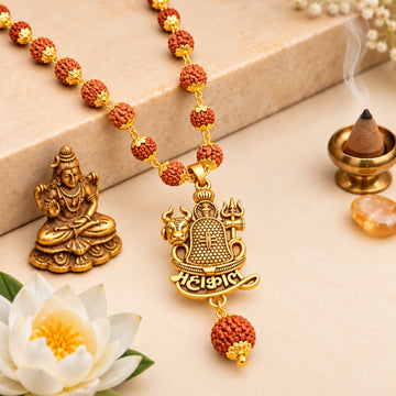 Gold Plated Mahakal Trishul Nandi Pendan with 5 Mukhi Rudraksha Mala