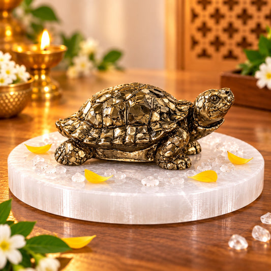 Raw Pyrite Dhan Vridhi Tortoise (Kachhua) With Selenite Plate | Financial Growth & Success