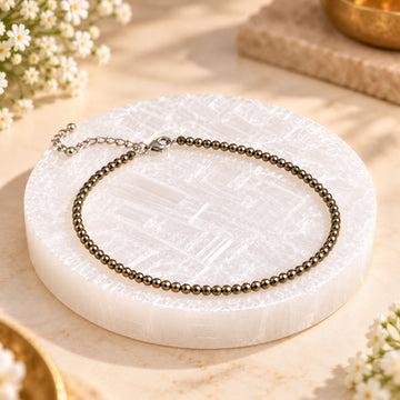 Pyrite Anklet with Selenite Charging Plate | Wealth, Protection & Positive Energy