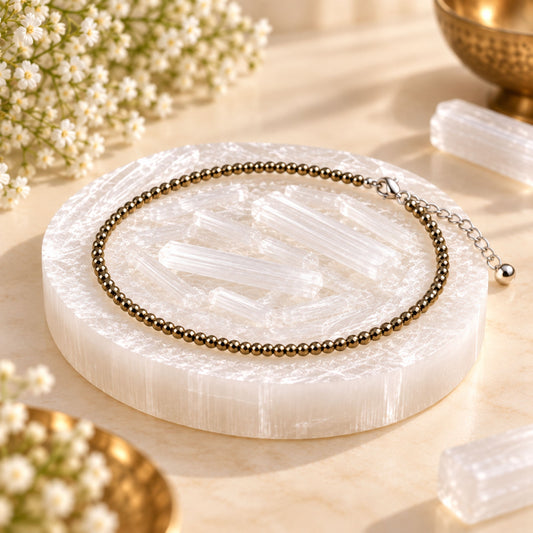Pyrite Anklet with Selenite Charging Plate | Wealth, Protection & Positive Energy