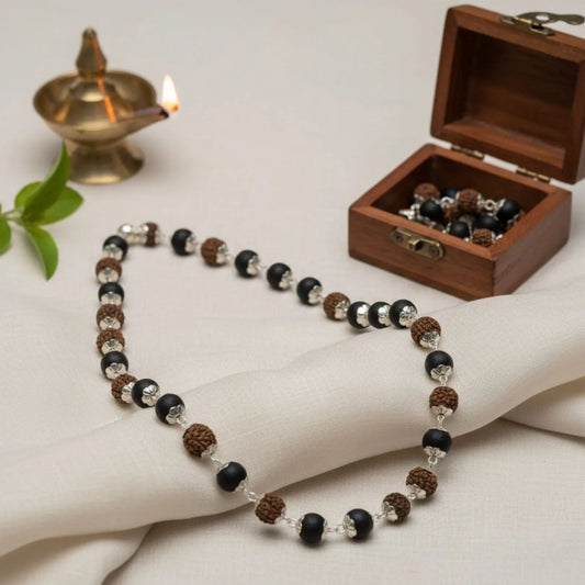 Divya Karungali Rudraksha Malai with Silver Capped Beads ( Govt. Certified)