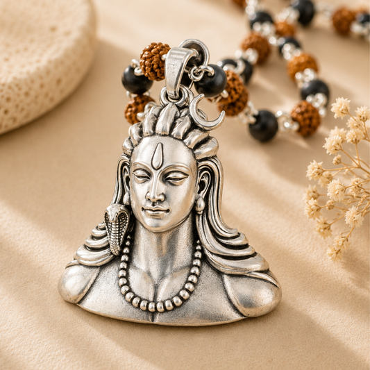 Silver Plated Adiyogi Shiva Pendant With Rudraksha & Karungali Mala