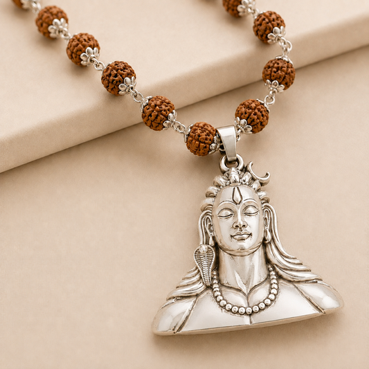 Silver Plated Adiyogi Pendant with Panchmukhi Rudraksha Mala
