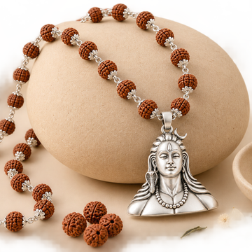 Silver Plated Adiyogi Pendant with Panchmukhi Rudraksha Mala