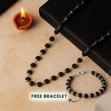 Silver Cap Karungali Malai with Free Karungali Bracelet (Govt. Certified)